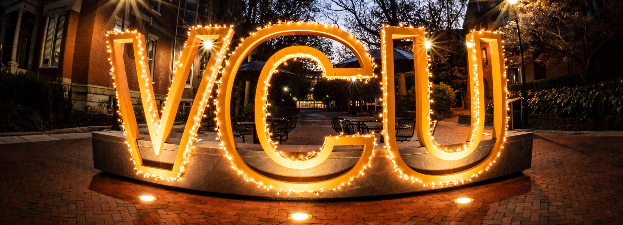 VCU sign with string lights